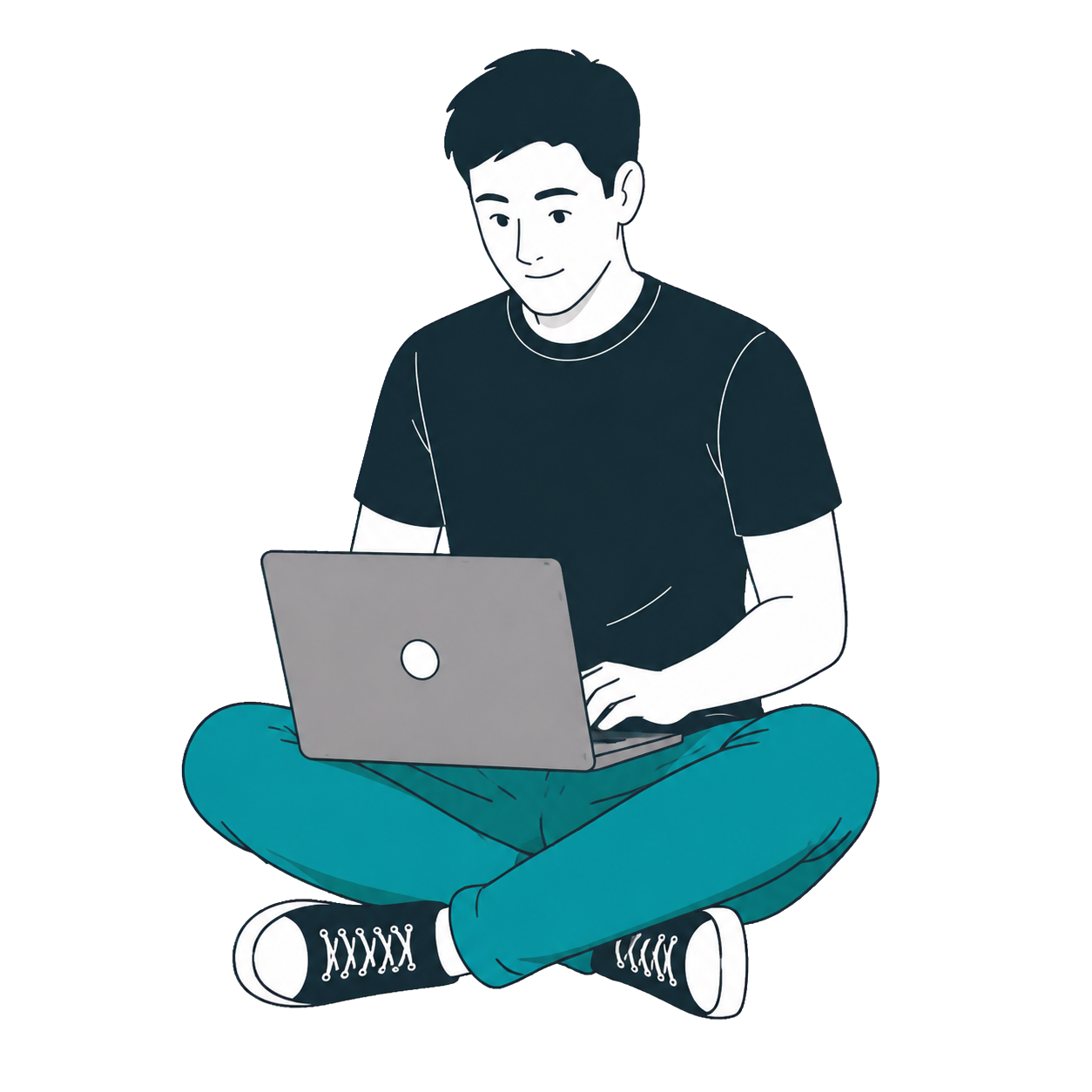 Front-facing developer seated behind a laptop and building the fashion store