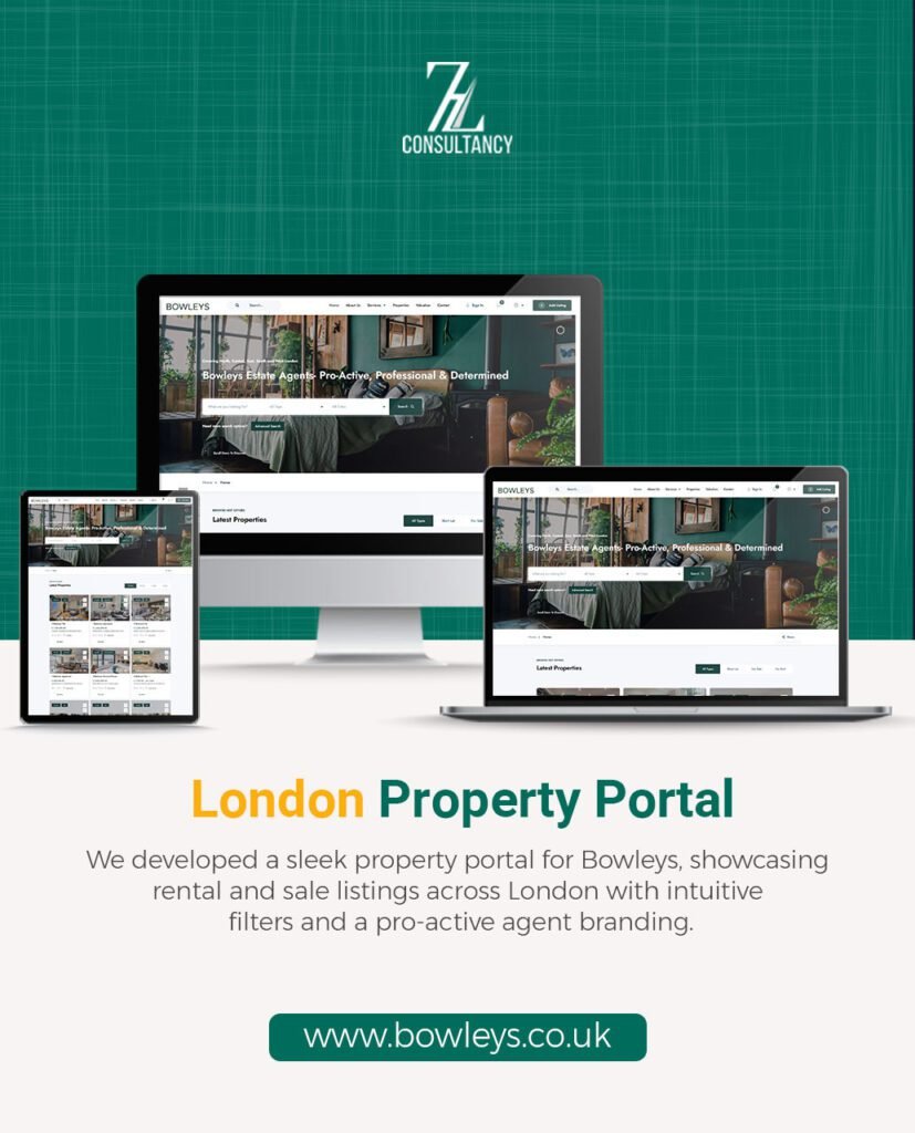 Bowleys London property portal displayed on desktop, laptop and tablet