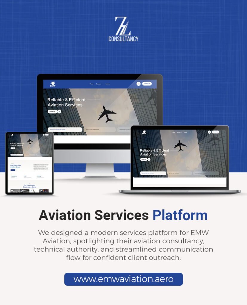 EMW Aviation services website displayed across three devices