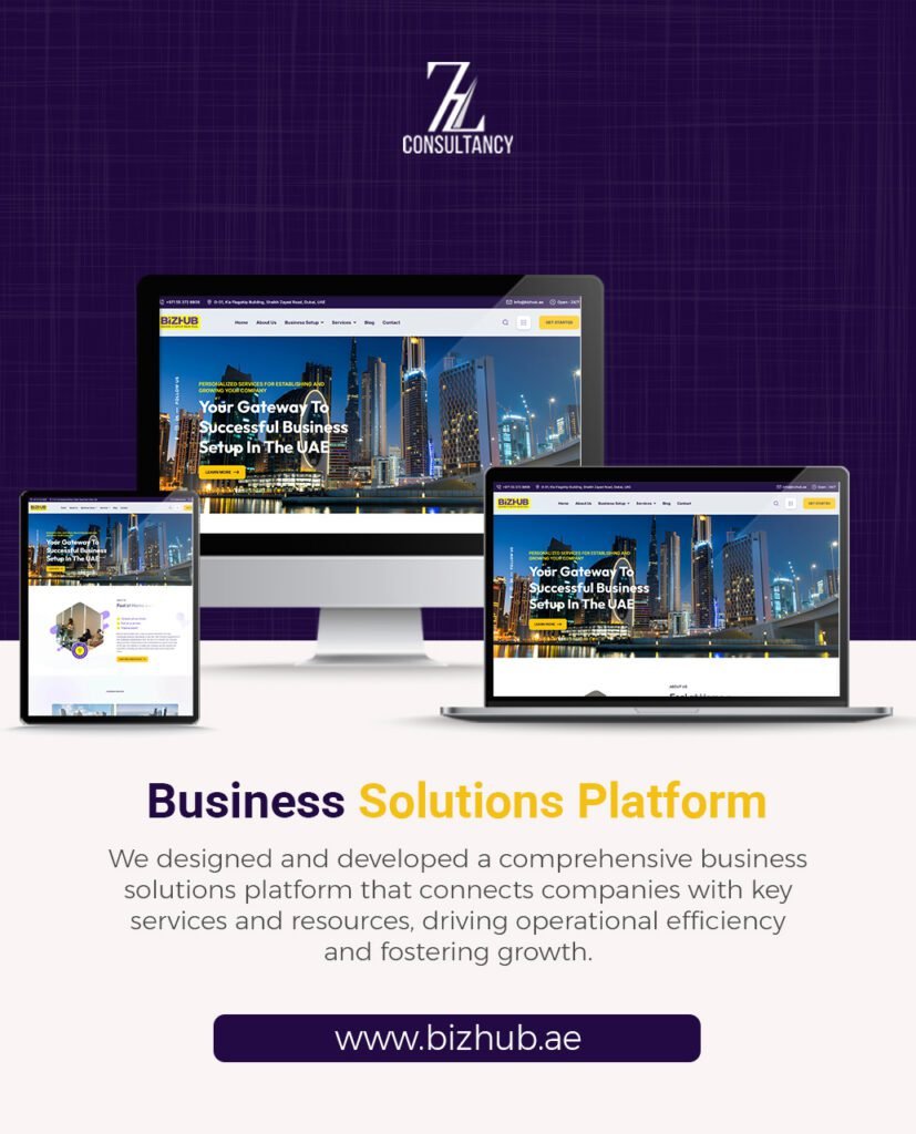 BizHub business solutions website displayed across three devices