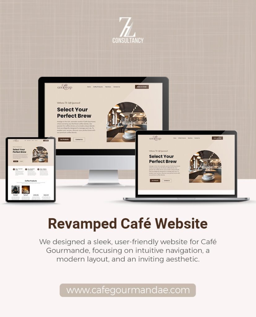 Café Gourmand hospitality website displayed on desktop, laptop and tablet