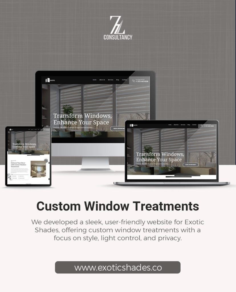 Exotic Shades window treatment website displayed across three devices
