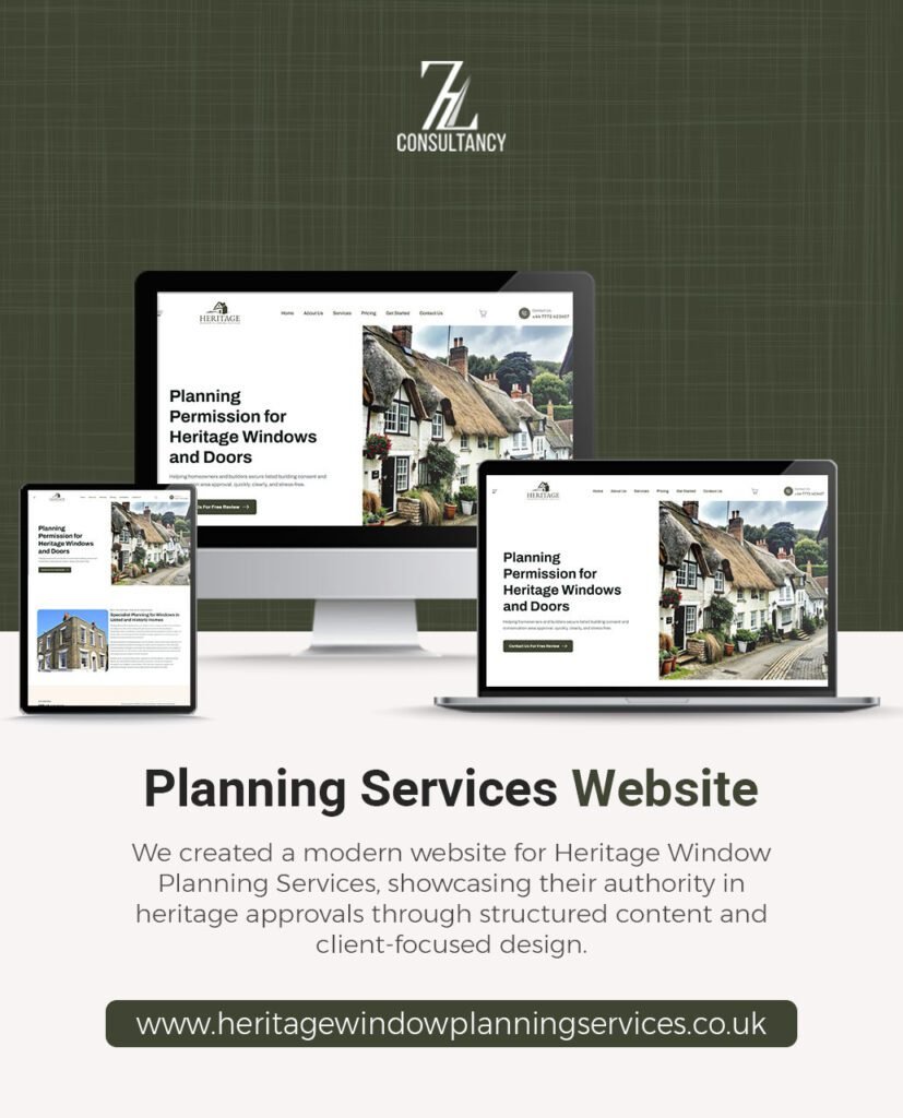 Heritage Window Planning website displayed on desktop, laptop and tablet