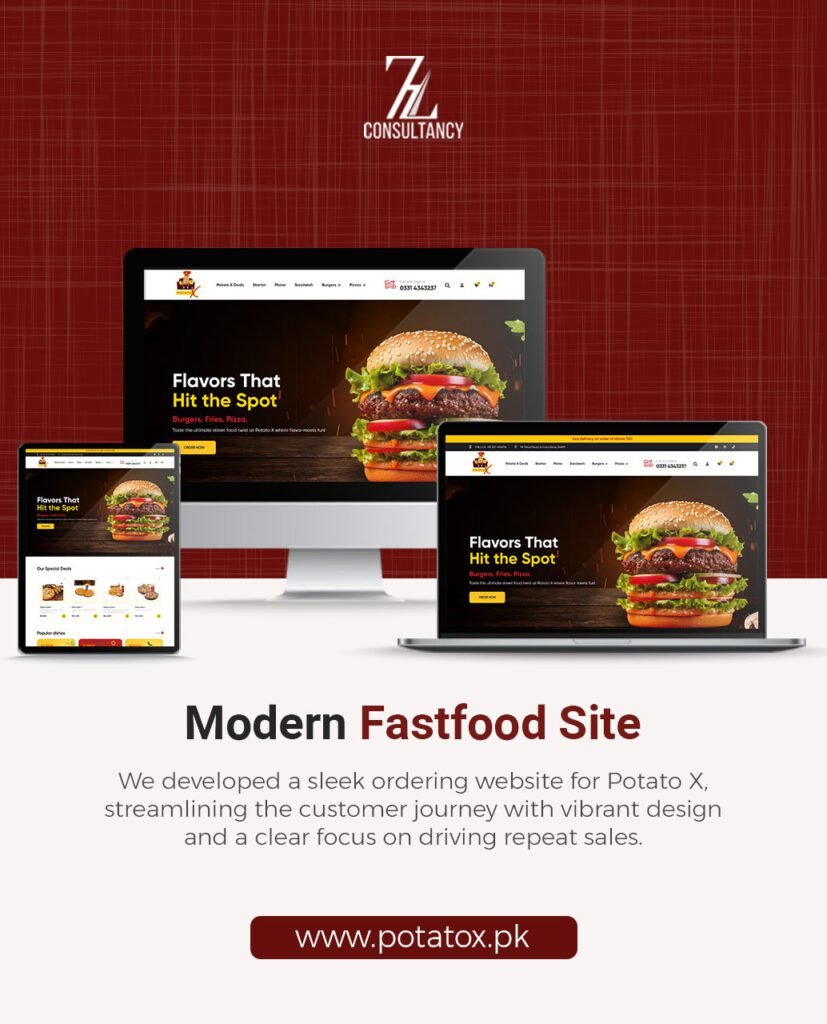 Potato X fast-food ordering website displayed across three devices
