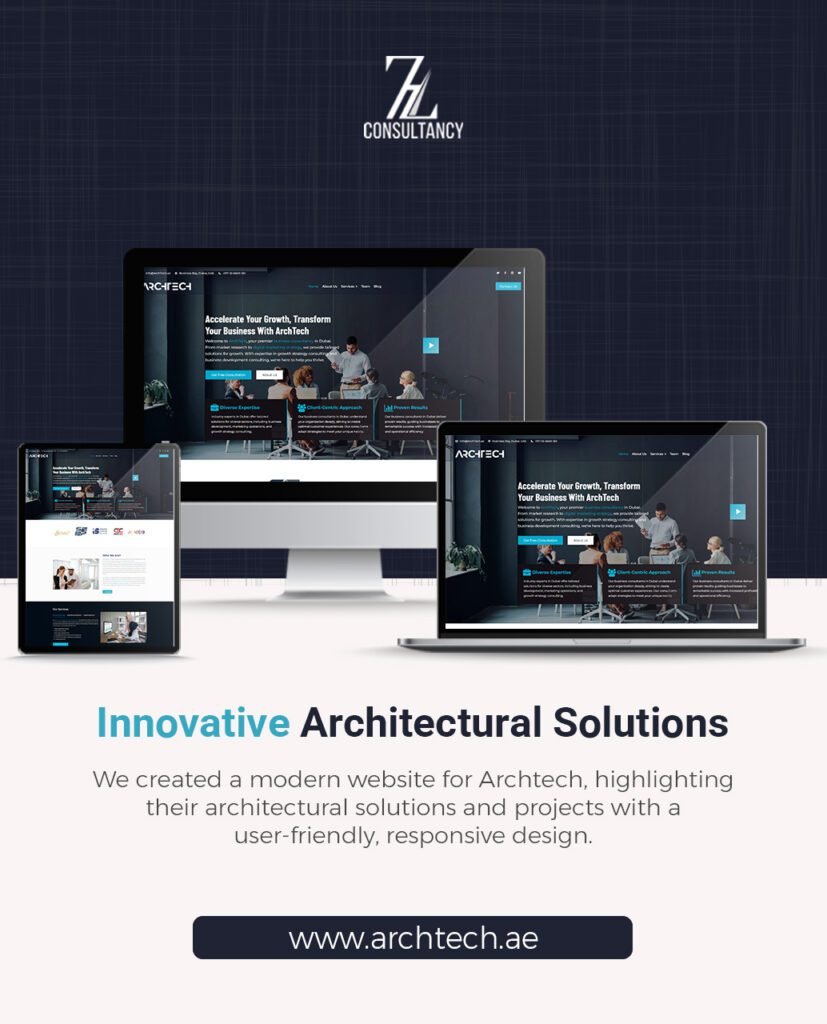 ArchTech architecture consultancy website displayed across three devices